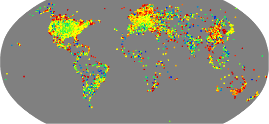 <q>[leskovec07]</q> Utilisateurs du réseau Microsoft Messenger représentés géographiquement. La couleur est représentative de la densité à une position donnée. 