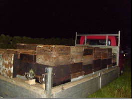 The hives loaded on the truck: all the hives are facing the front